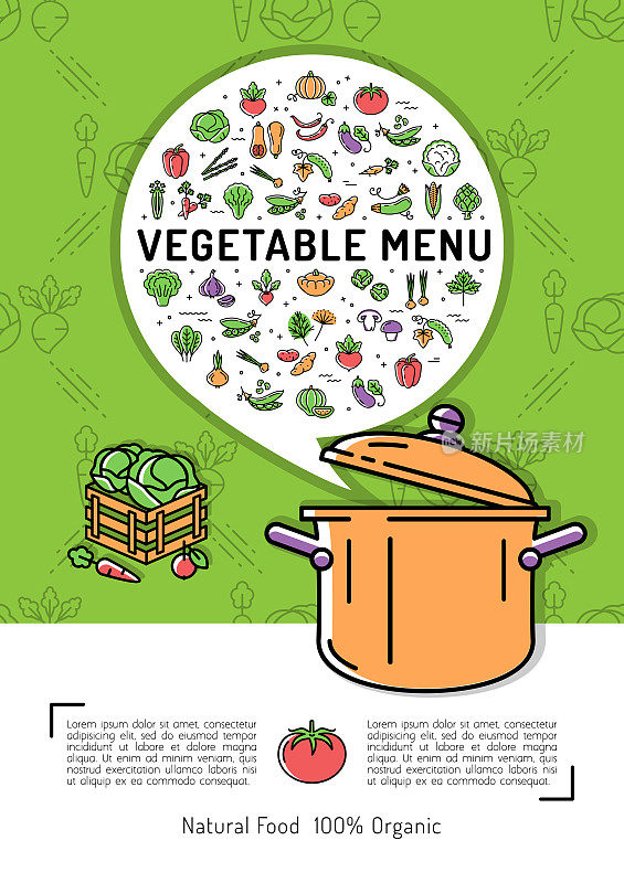 Vegetable menu card Vegetables icons, cooking pot, pan. Food poster